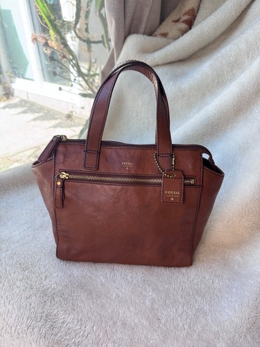Fossil Tessa Leather Satchel Bag Handbag - Chestnut Brown Gold Hardware
