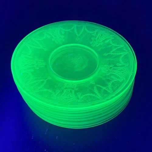 Set 10 Vaseline  Uranium  Depression Etched  Glass Saucer Dishes Ballerina