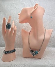 Silvertone w/ Turquoise Beads  Rhinestones Necklace Ring Bracelet Earrings Set