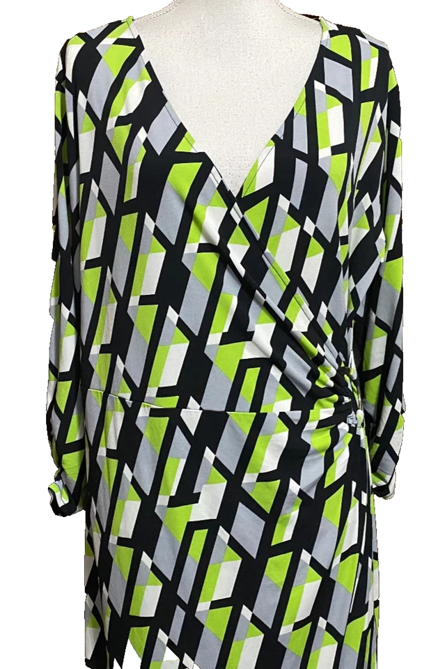 Vestido envolvente ALFANI geométrico mezcla de seda imitación acanalado línea A verde XL Foto 2 de 4