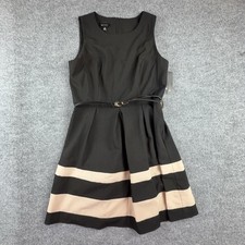 AB Studio Dress Womens 14 Black Striped Fit Flare Sleeveless Belted Work Party