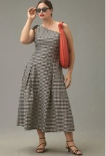 Anthropologie One Shoulder Gingham Midi Classic Dress Sz Sm NWT
