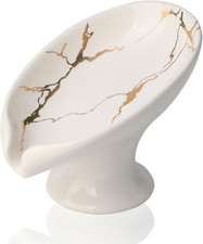 Ceramic Self Draining Soap Dish for Bar, Small Leaf Shaped Soap Dish, White Marb