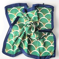 NEW Green Golden Orange  Blue Art Deco Fan Pattern IMITATION SILK SCARF 26x26