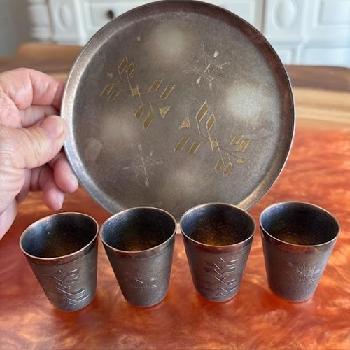Vintage 5 1/2" Russian Silver/Gold Tray with 4 shot glasses