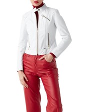 Women' White Leather Jacket Biker Moto Lambskin Size S M L XL XXL 3XL Custom Fit