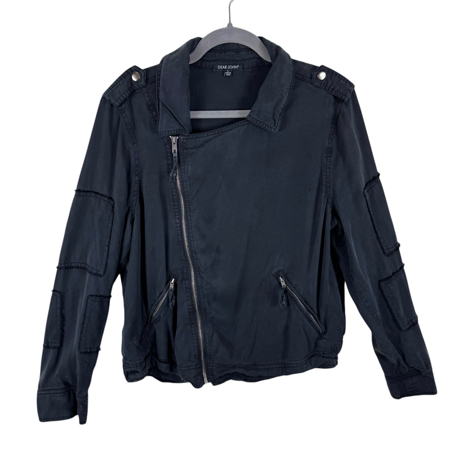 Dear John Black Monique Asymmetrical Full Zip Patchwork Tencel Moto Jacket Sz L