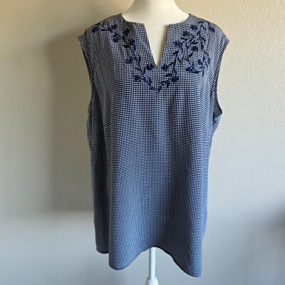 Diane Von Furstenberg Silk Assets Navy White Embroidered Blouse XL 1X - Vtg