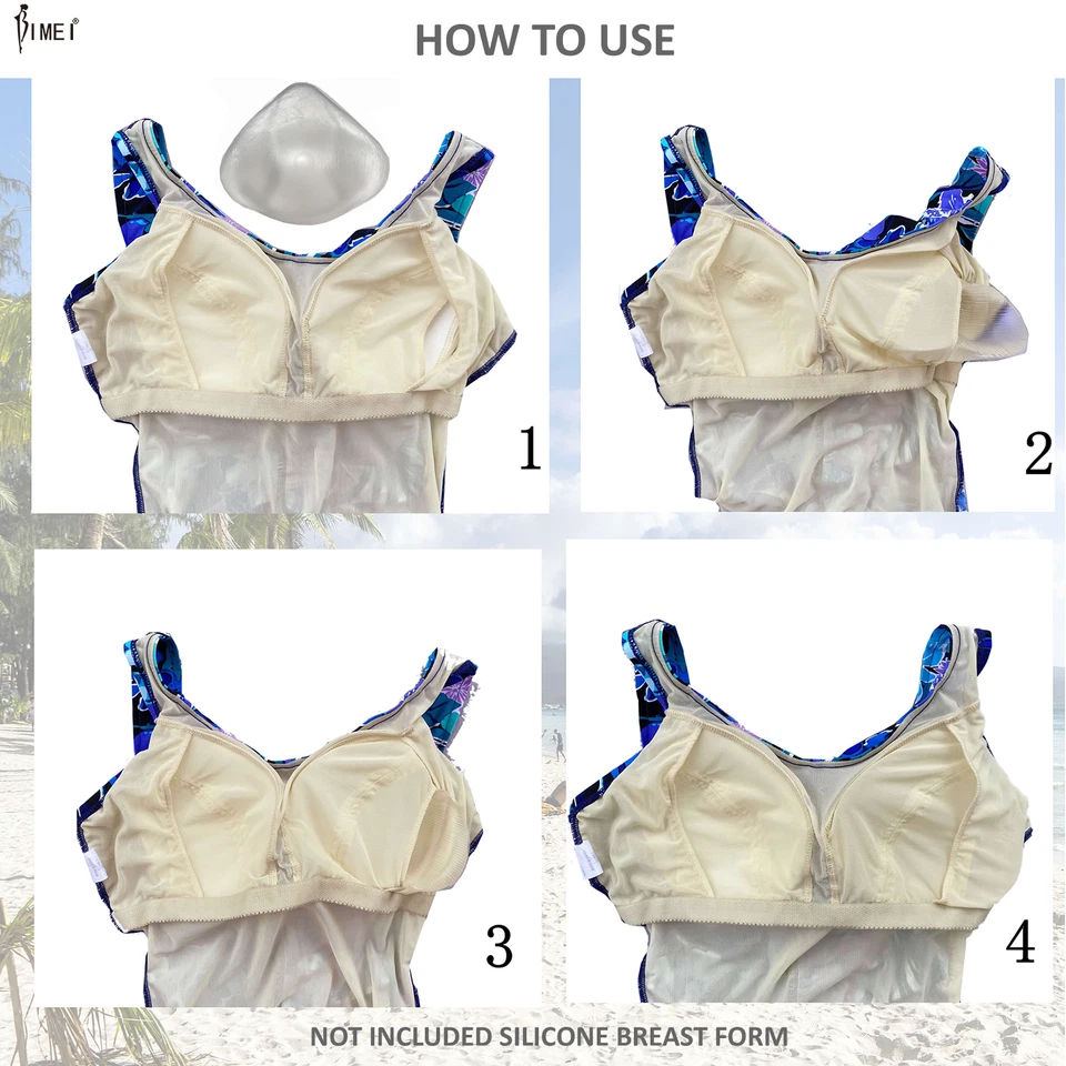 BIMEI Women's Mastectomy Swimsuit One-Piece Pocketed Swimwear Tummy Control #125 - Image 2 of 3