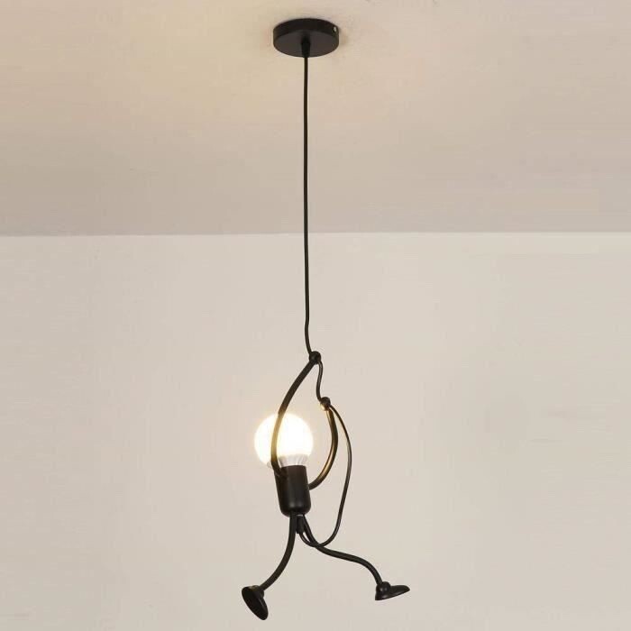 Lustre suspension humanoïde E27 petit bonhomme noir en métal pour chambre d'enfant