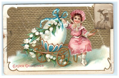 Easter Greetings Girl Fantasy - Glue  Attached Real Photo of Girl in Corner