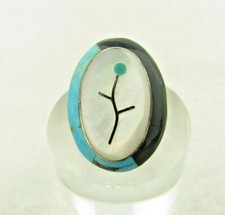 Vintage Turquoise Black Onyx Mother of Pearl MOP Flower Sterling Silver Ring