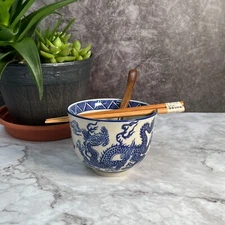 5"Oriental Dragon Blue Beige Ceramic Ramen Noodle Rice Bowl Gift Set of 3pieces