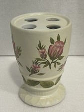 Vintage Hand Painted Ceramic Rose 4 Holes Toothbrush Holder Footed Chip At Base