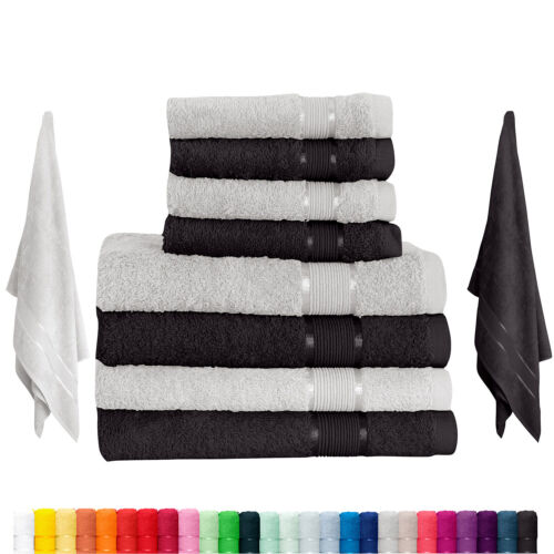 8 tlg. Handtuchset  4x Duschtuch 4x Handtuch Grau mit Farbkombi - Afbeelding 1 van 88