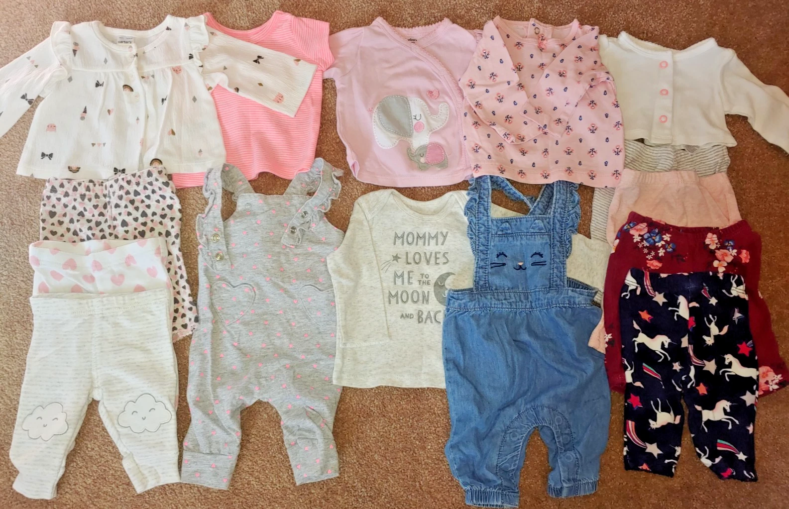 Carters Gerber NB mixed lot of 15 baby girl clothes tops bottoms overalls