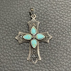 Cross Pendant Marcasite Sterling Silver Turquoise Accents Beautiful Must See