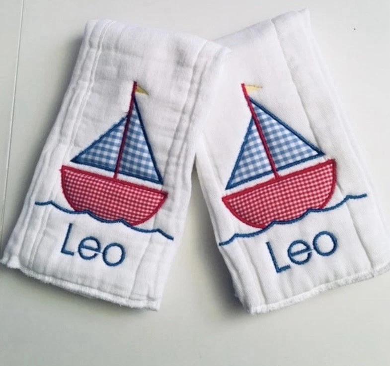 Embroidered Burp Cloths Monogrammed Baby Boy Burp Cloths - Sailboat - Nautical