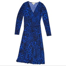 Michael Kors Blue Black Leopard Animal Print Stretchy Midi Dress Size S