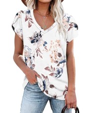 Women's T Shirts Petal Sleeve V Neck Casual Summer Basic Top Floral White, L