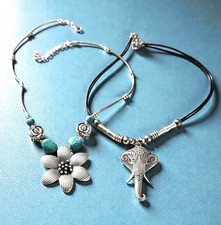 Lot- Bundle- 2 Bohemian Boho Flower Elephant Pendant Casual Everyday Necklaces