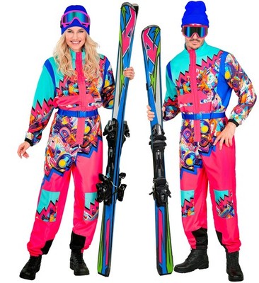 Türkis-Pinker Skianzug für Damen und Herren   Retro Overall mit Gürtel für
