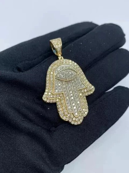 Alternate view of 2ct Real Moissanite Men's Hamsa Hand Pendant 14k Yellow Gold Plated Silver