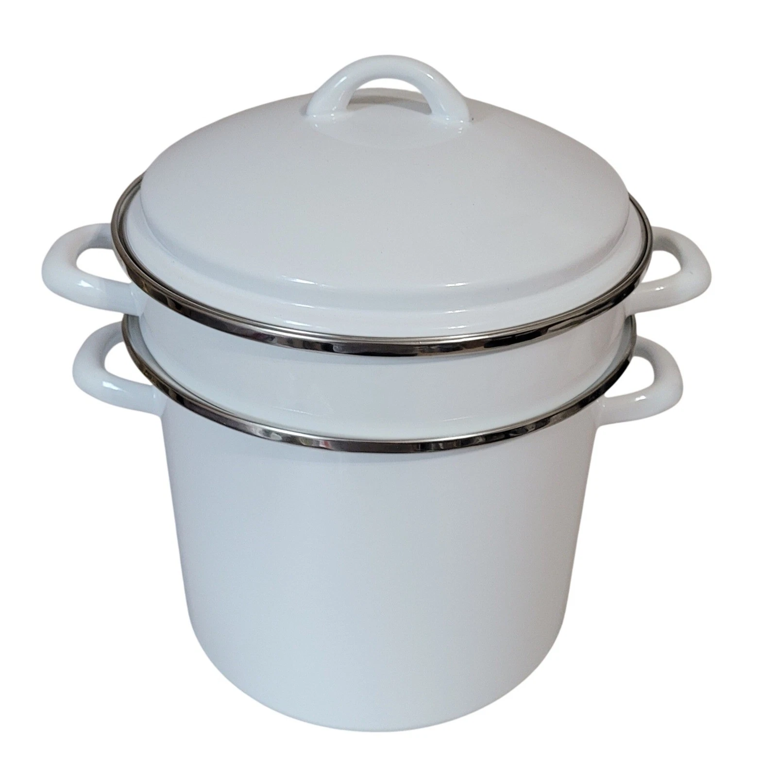 White Enamel Steamer Pot Set 3 Piece Stockpot with Perforated Insert and Lid
Opens in a new window o
