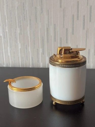 Vintage Murano Opaline White Glass Table Lighter & Ashtray Set - Portieux Style