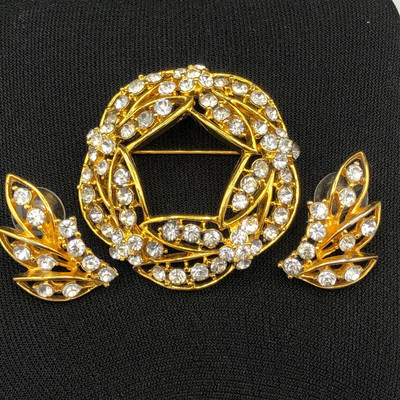 Vintage Eisenberg Ice Brooch Earrings Rhinestone Golden Leaves Wreath Set