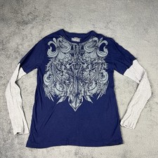 Vintage Y2K MMA Elite Long Sleeve Layered Thermal Shirt L Blue White Sword Skull