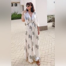 ZARA Wrinkled Effect Printed Satin Maxi Dress in Ecru Sage Green Size Medium