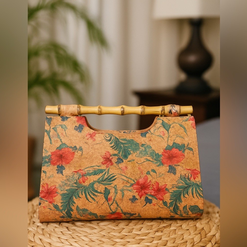 Tropical Cork Handbag with Bamboo Handles