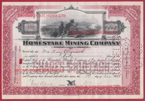 Homestake Mining Company,  USA Share Certificate 1908,  Gold Mine