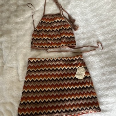 Stard State Chevron Knit Halter Top & Skirt Set Brown Orange Cream Black Size L