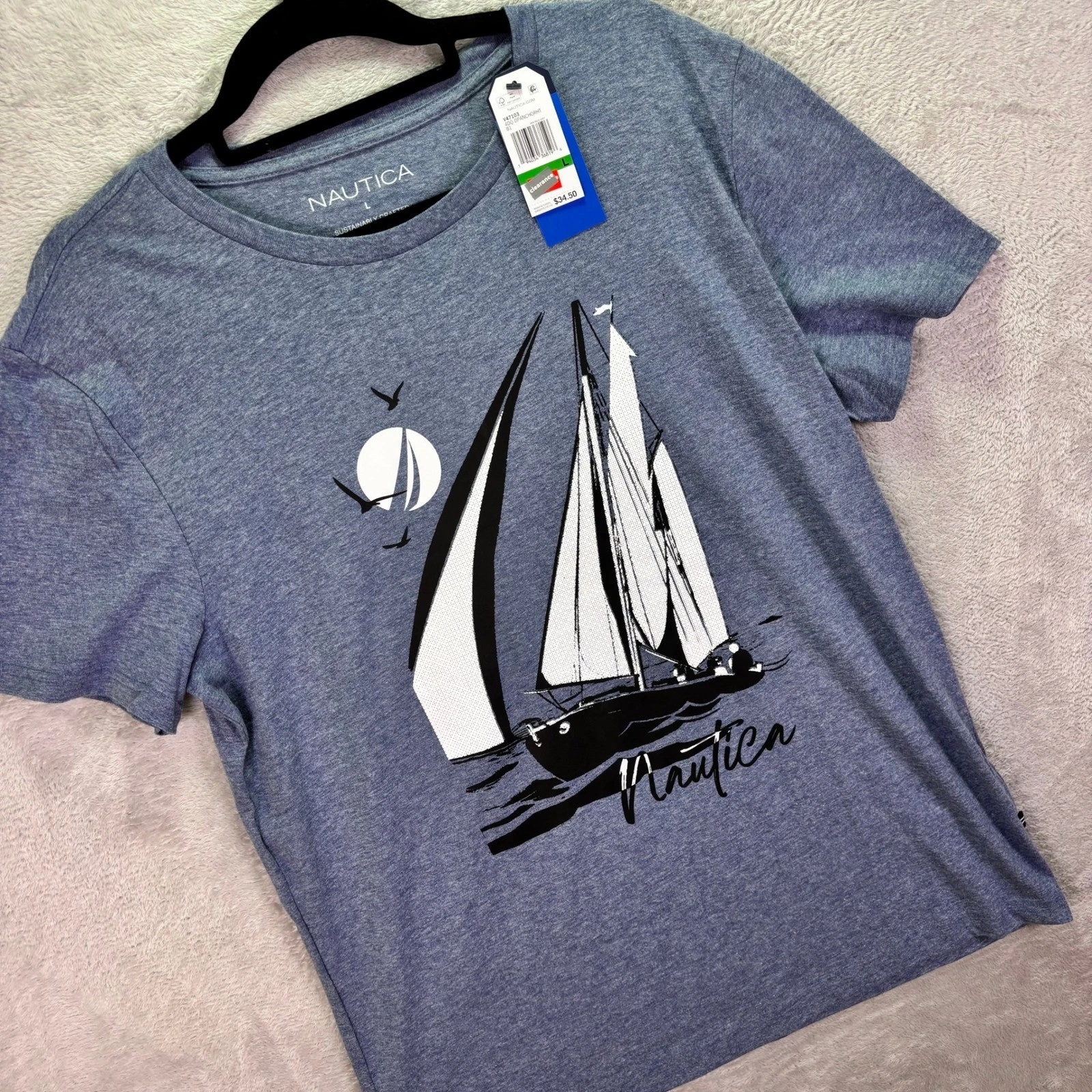 NWT Nautica Mens T-Shirt Blue Heather Large Graphic Sailboat Sustainably Crafted - product detail image 1