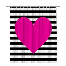 Pink Heart Shower Curtain on Black and White Stripes, Cute Bathroom Decor
