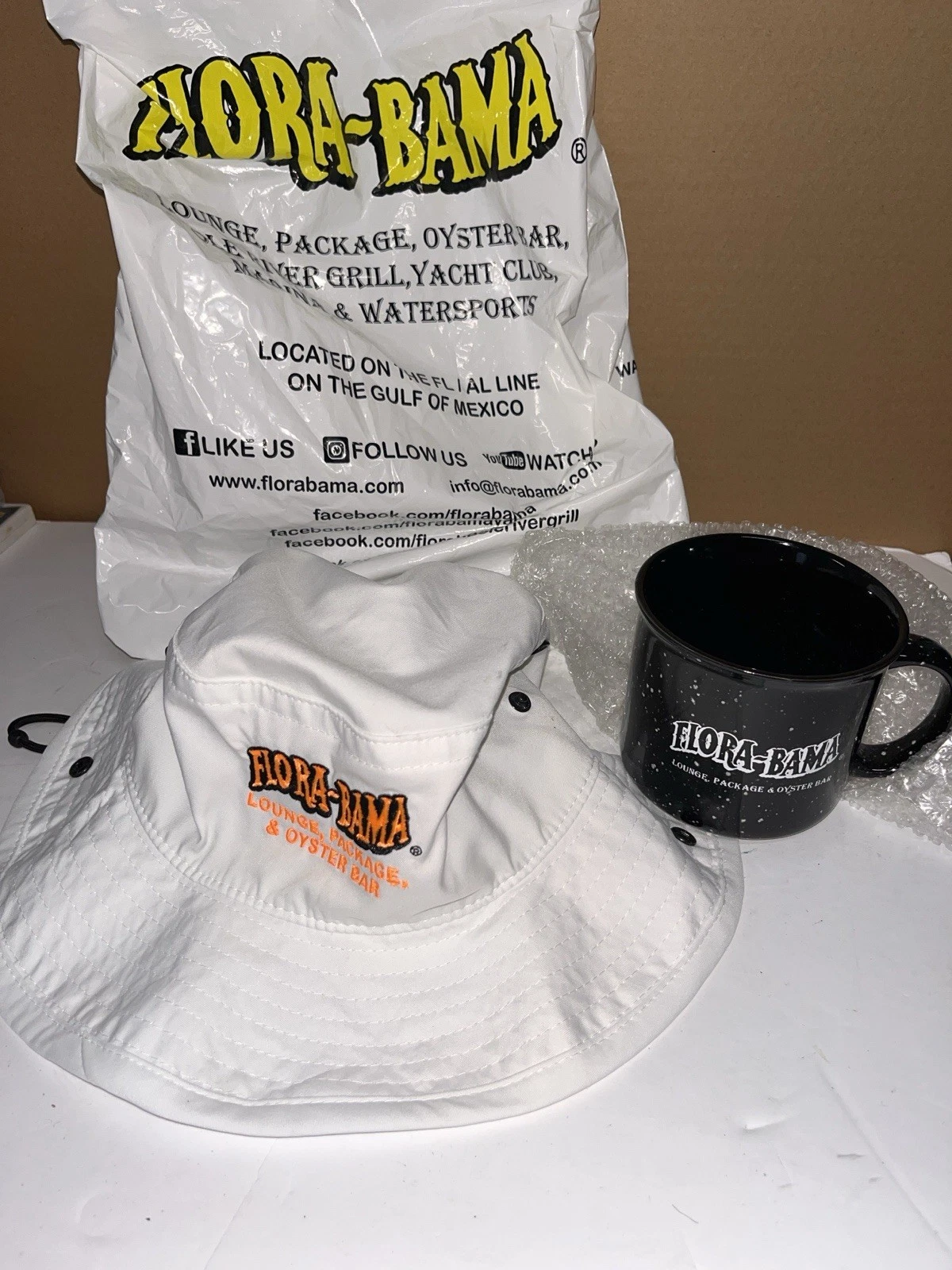 Lot 2 NWT Flora-Bama White Bucket Hat L/XL & Black Coffee Mug Lounge New