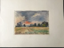 Franz Ehmke *1928-2018 GDR Painter °Fields Meadows Evening Red Pastel Signed Sky