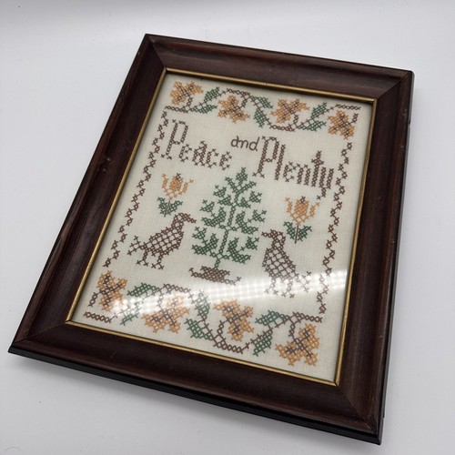 Vintage Glass Framed Cross Stitch Peace And Plenty Hand Made 1960s - Picture 9 of 9