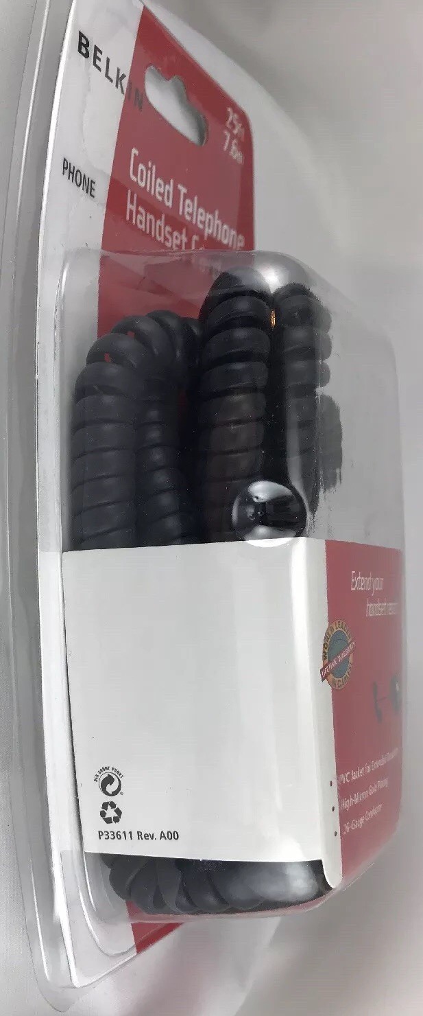 Belkin F8V101 25 Black Curly Coiled Phone Cable Handset Cord RJ11 Male