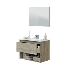 Mobile Bagno Sospeso 80 cm Con Lavabo Specchio Vano Giorno E Cassettone Rovere