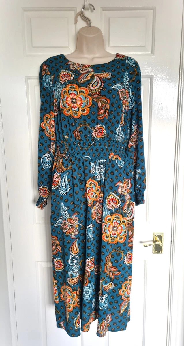 NEW MATALAN PAPAYA LADIES TEAL BLUE FLORAL PAISLEY PRINT LONG DRESS SIZE 12