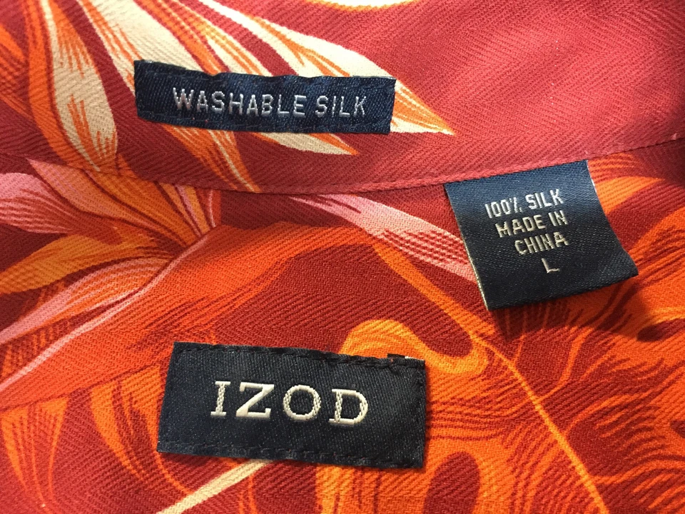 Izod Washable Silk Hawaiian Aloha Shirt Sz L Chest 42” Red Orange Tropical EUC - Image 4 of 4
