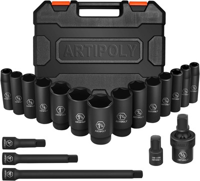 1/2'' Drive SAE Deep Impact Socket Set, 19 Piece Cr-V Steel Socket Set SAE Siz...