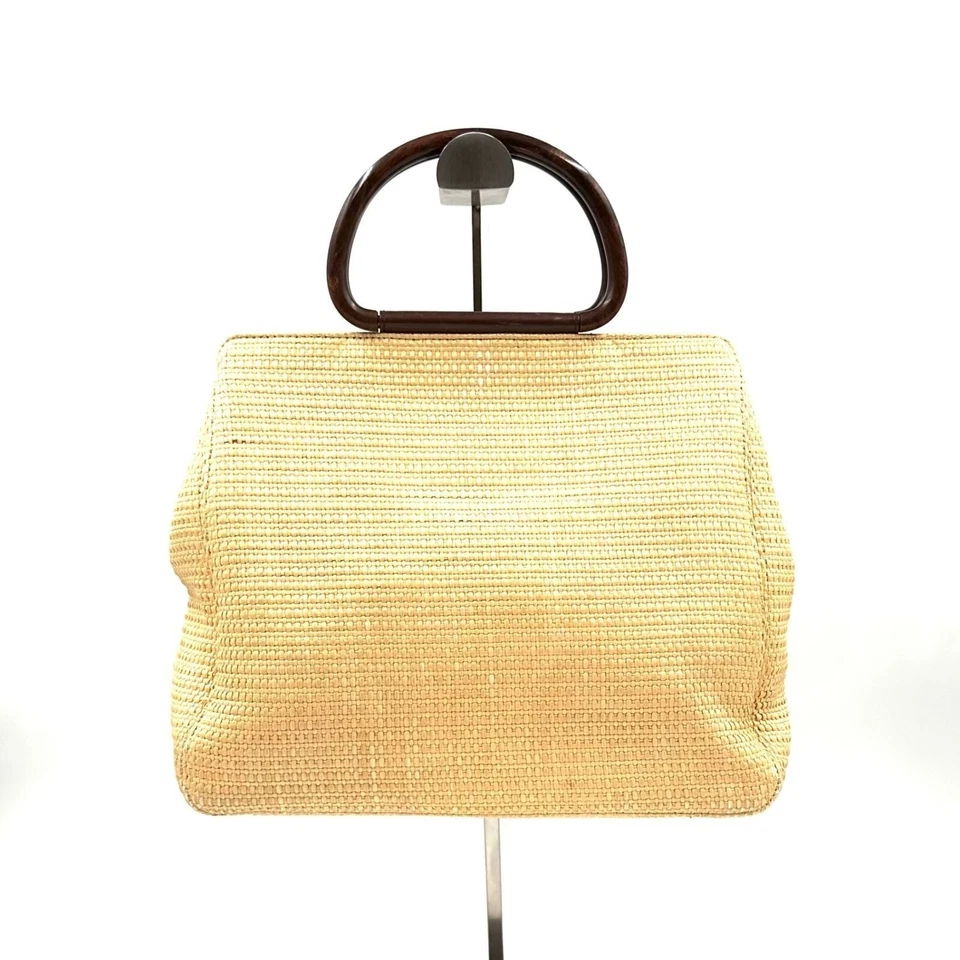 CHANEL Vintage Raffia Tote Woven Straw Shoulder Bag Wooden Ring Beige - Image 4 of 4