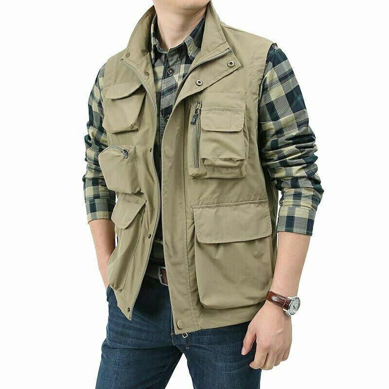 Mens Multi Pocket Cargo Vest Jacket Casual Outdoor Photographer
