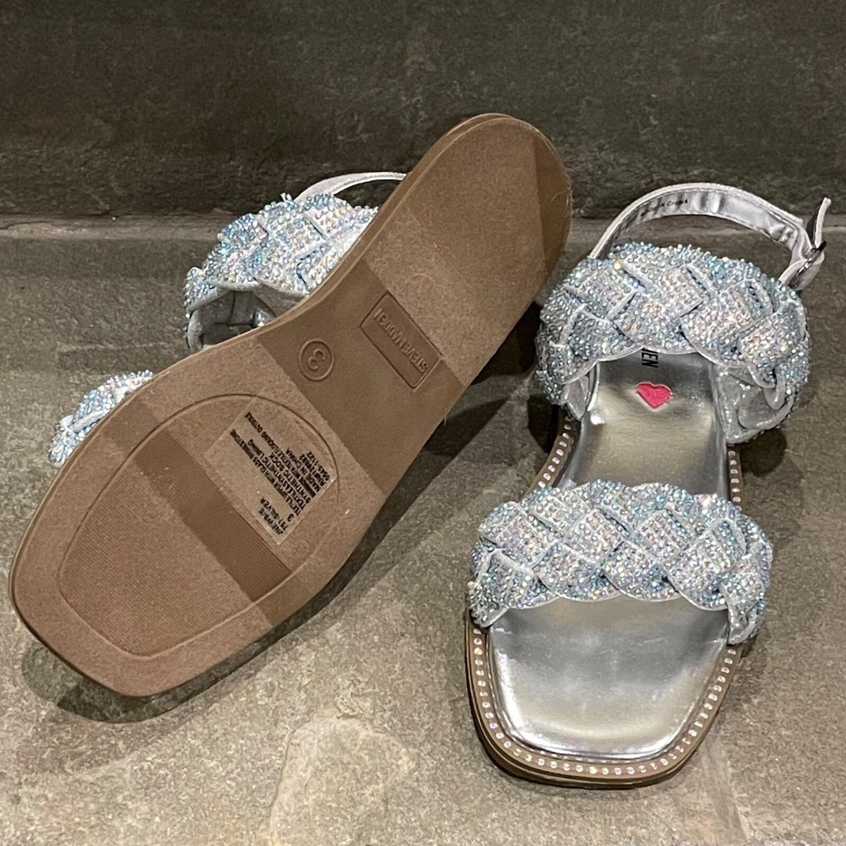 Steve Madden Girls Silver JNewbie Braided Rhinestone Sandals