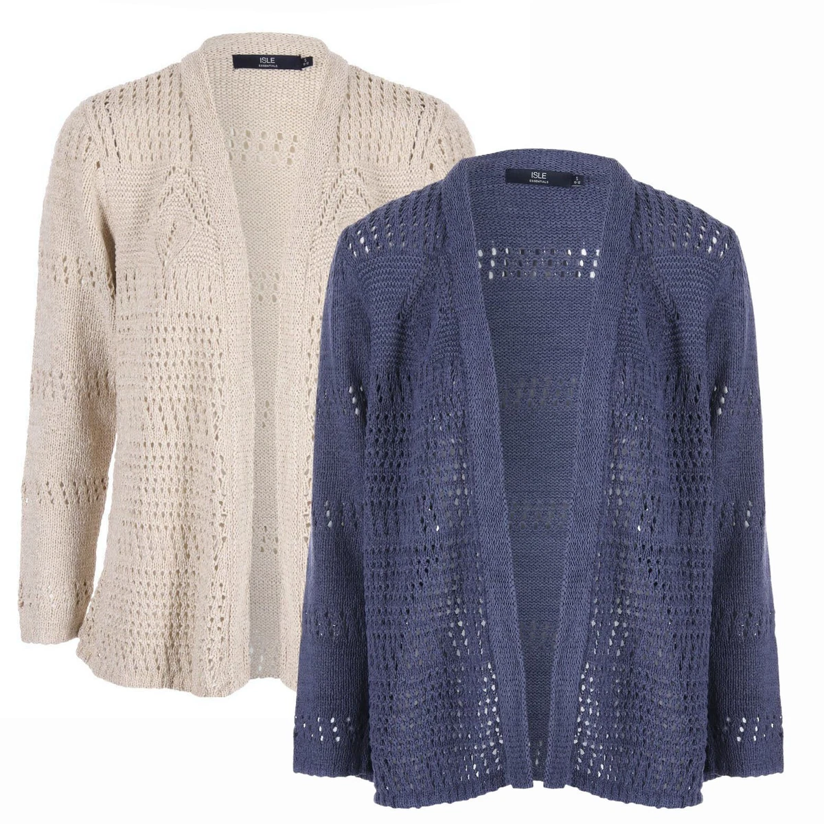 ISLE Open Front Cardigan Pointelle Crochet Knit from Edinburgh Woollen  Mills | eBay