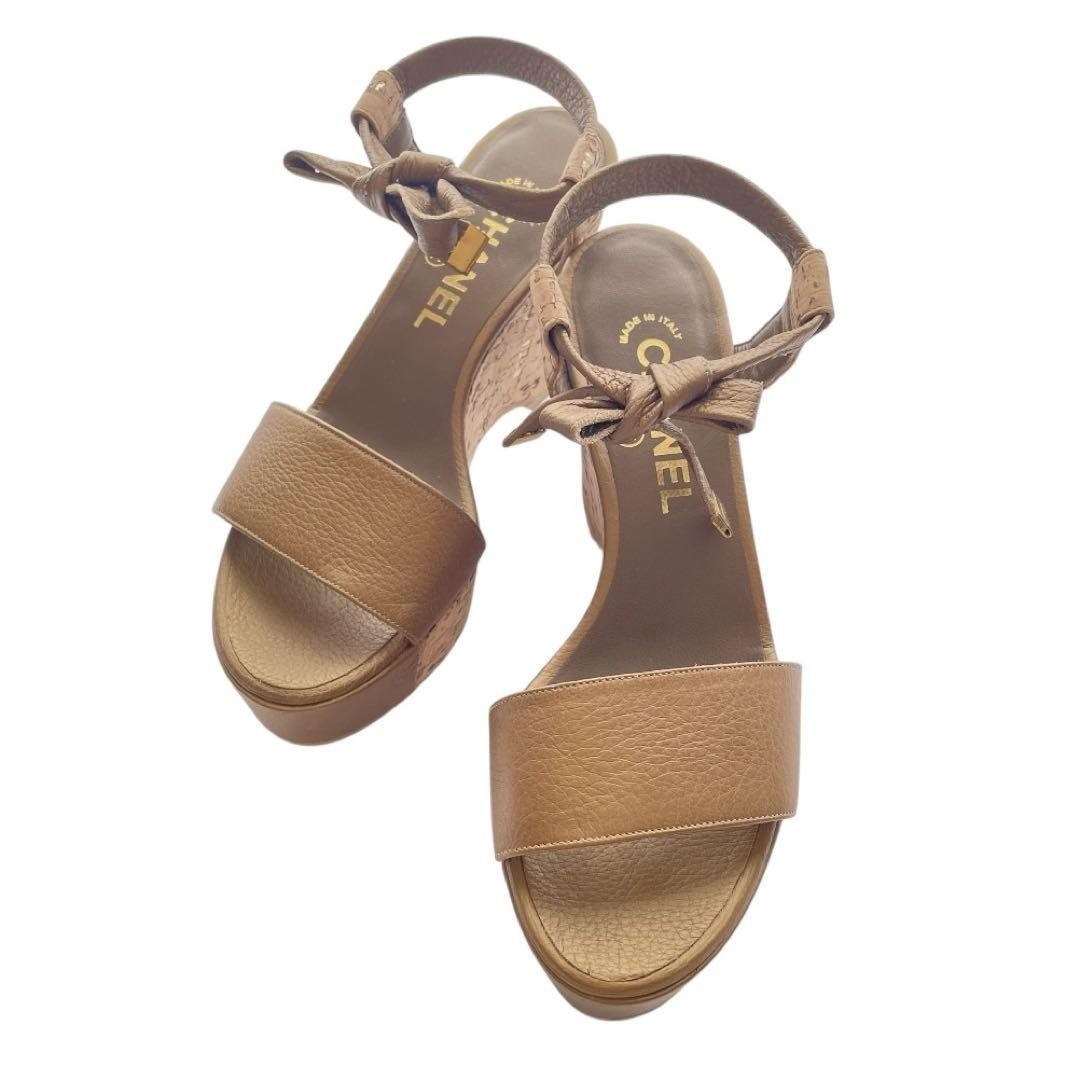CHANEL Gold Beige Wedge Sole Sandals Size 37.5C